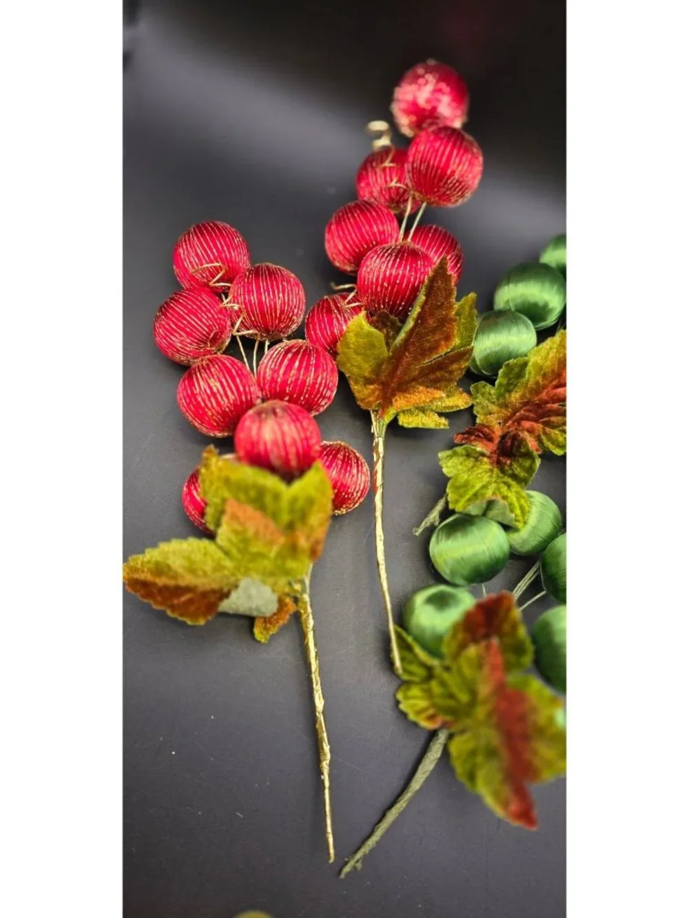 Vintage Satin Wrapped Balls Velvet Leaf Holiday Picks Christmas Decor Red Green